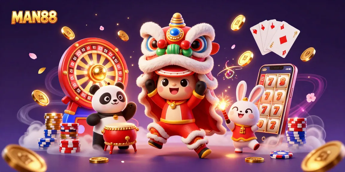 Experience excitement at MAN88 with dynamic gambling elements and adorable characters in a vibrant casino scene.