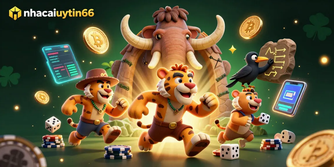 Experience the thrill of betting with nhacaiuytin66 in a vibrant prehistoric casino scene packed with crypto elements.