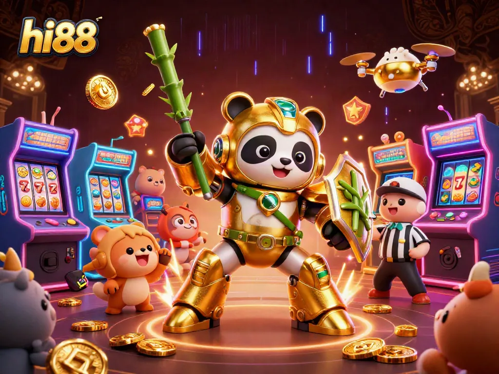 Play exciting games at hi88 with a dazzling 3D panda robot in a vibrant casino arena.