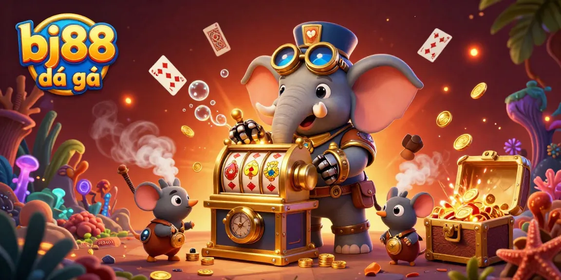 Experience the thrill of bj88 đá gà with a vibrant steampunk illustration featuring dynamic game elements and characters.
