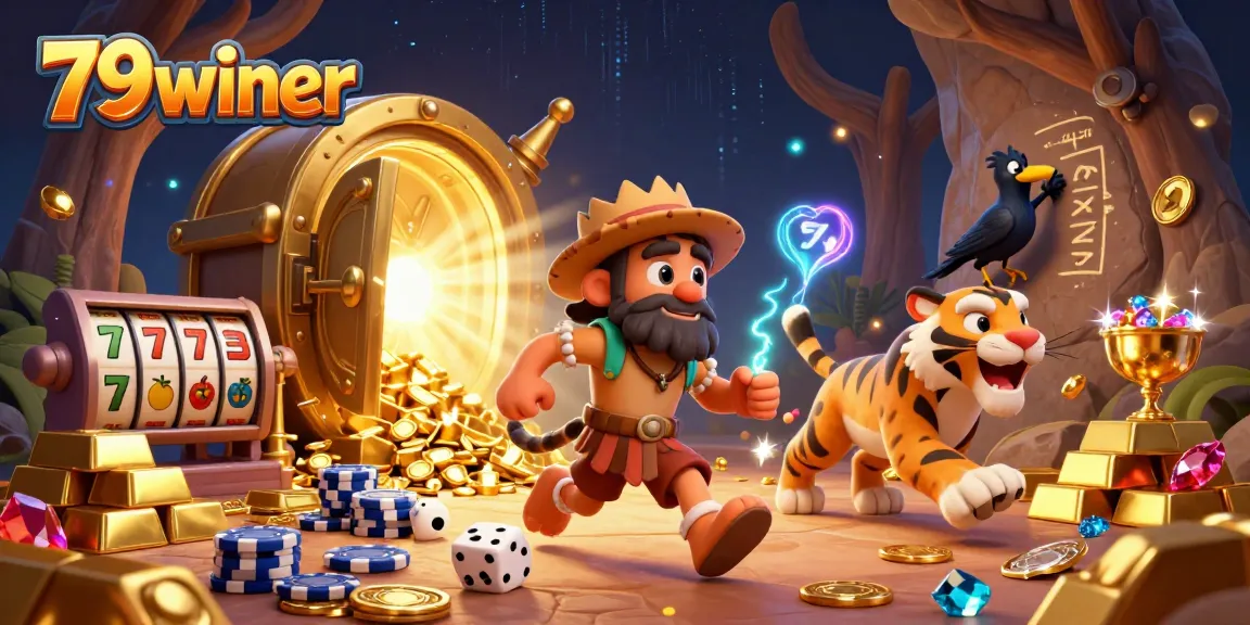 Experience the excitement of 79winer's casino with a lively 3D illustration of playful characters and rich gaming elements.