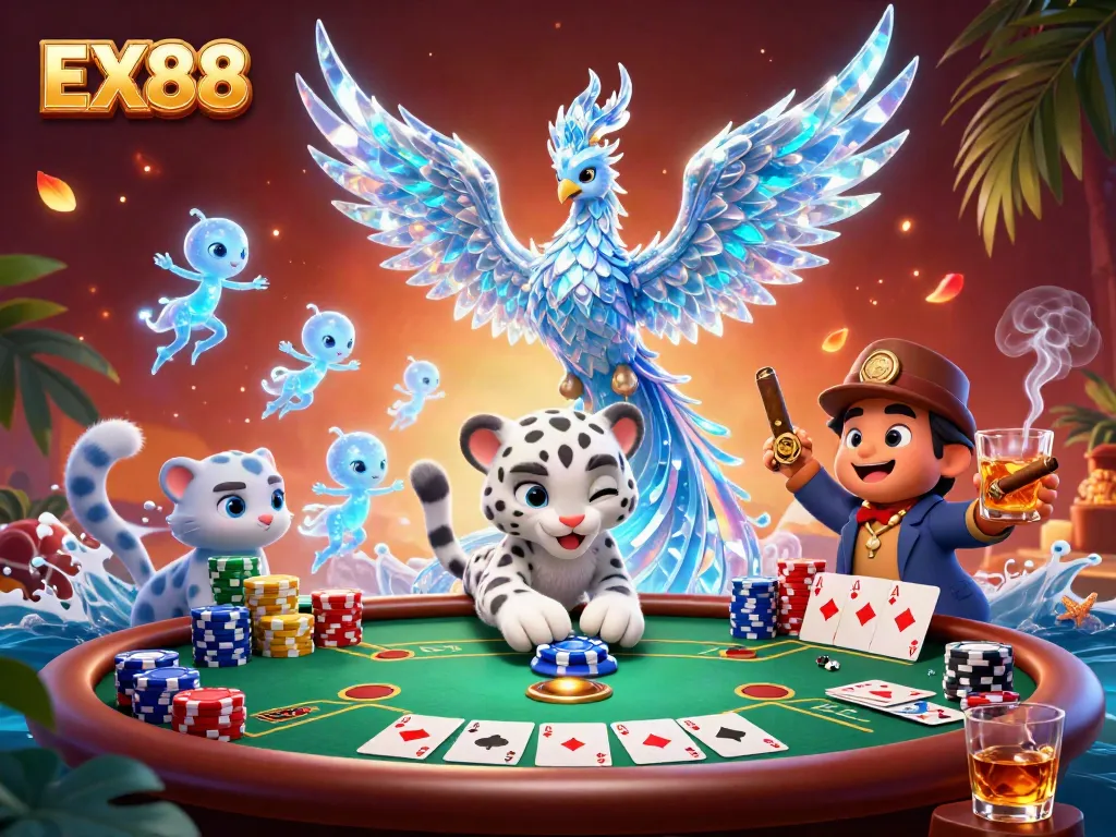 Play poker with the enchanting EX88 ice phoenix and allies in a vibrant casino scene.