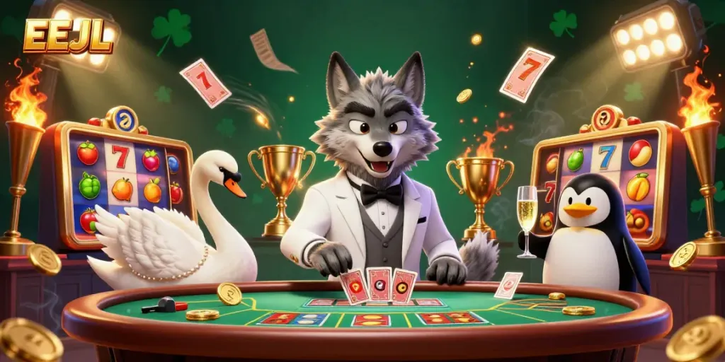 Engage in EEJL's vibrant casino atmosphere with characters at a baccarat table amidst slot games and golden tickets.