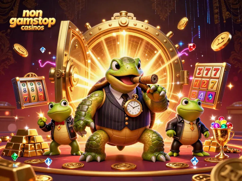Experience excitement at non gamstop casinos with a 3D cartoon turtle and bullfrogs surrounded by jackpot elements.