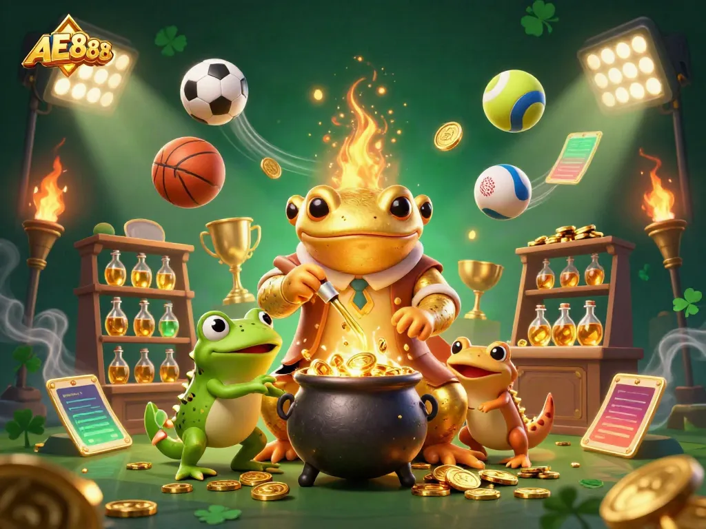 AE888 casino-themed illustration featuring an alchemist and apprentices transforming base metals into gold.