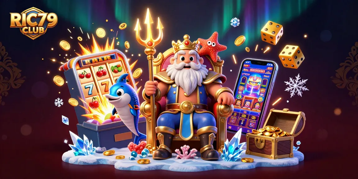 A vibrant gambling scene showcasing a 3D cartoon sea king Neptune at RIC79 CLUB, with casino symbols and thrilling jackpots.