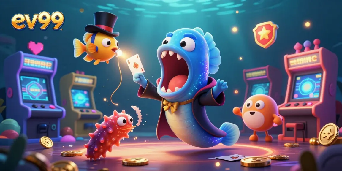Experience the magic of ev99 with a deep-sea eel and anglerfish in a colorful casino scene.