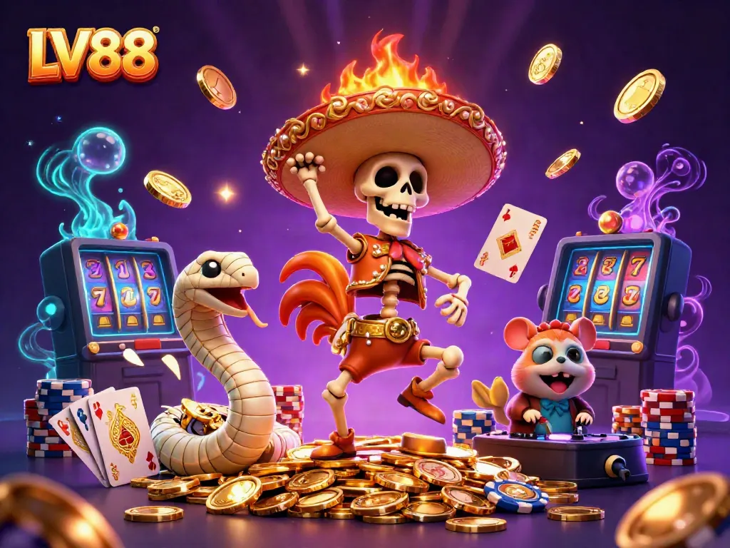 Cascading golden coins and games at LV88 featuring festive characters celebrating wins