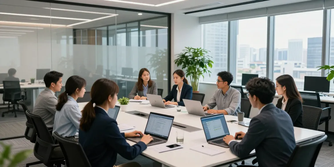 Professional team collaborating in a bright office with glass partitions enhancing transparency and teamwork.