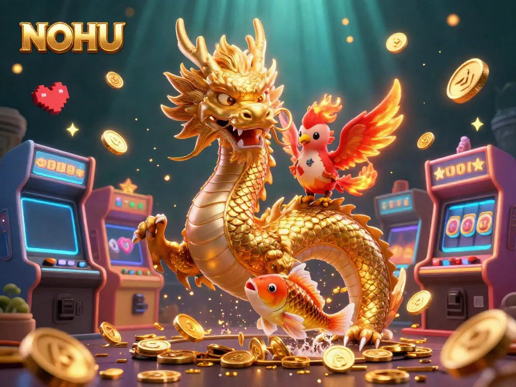 Experience thrilling gameplay at NOHU with an imaginative 3D casino scene featuring a dragon, phoenix, and koi fish.
