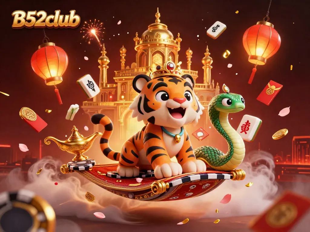 Engage in thrilling gaming adventures at B52club with a vibrant 3D illustration of characters and casino elements.