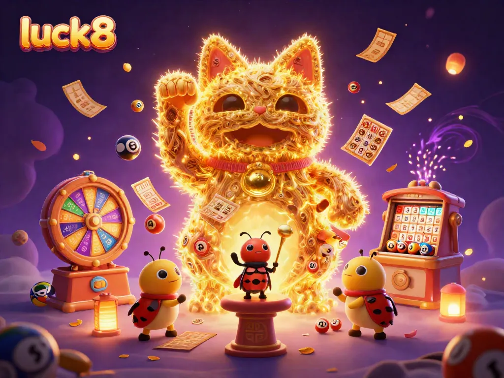 Experience luck8 with a vibrant scene of a golden cat surrounded by colorful lottery elements.
