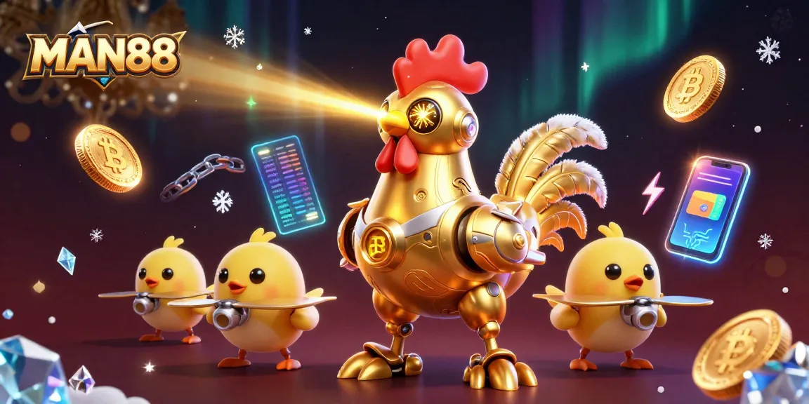 Engage in thrilling gaming with MAN88 as the vibrant golden rooster robot leads a digital adventure.