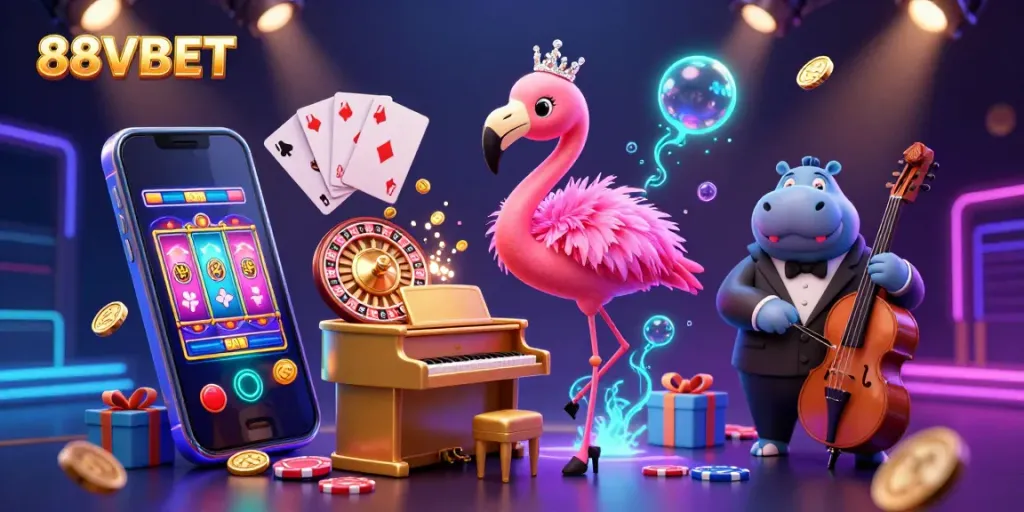 Experience the excitement with 88VBET's vibrant casino scene featuring lively characters and dynamic gaming elements.