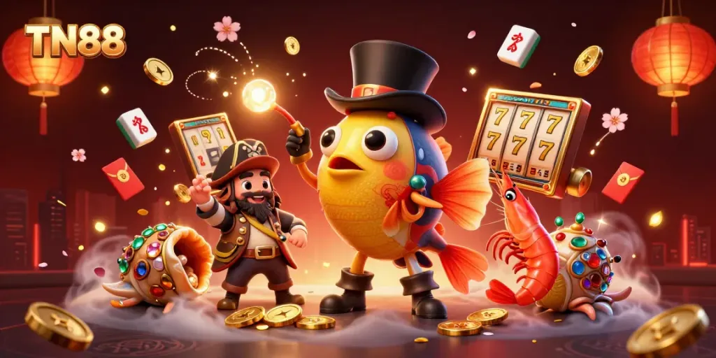 Engage with TN88 as the anglerfish attracts golden coins in a vibrant underwater casino scene.