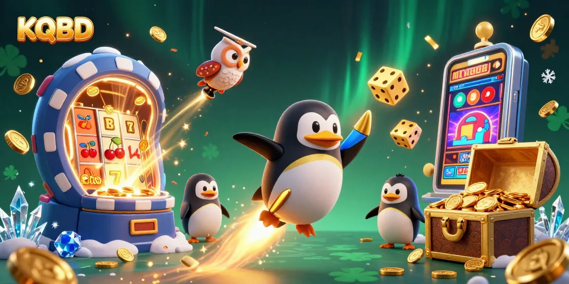 Experience KQBD with a golden penguin navigating a vibrant casino space, showcasing slot machine jackpots and game excitement.