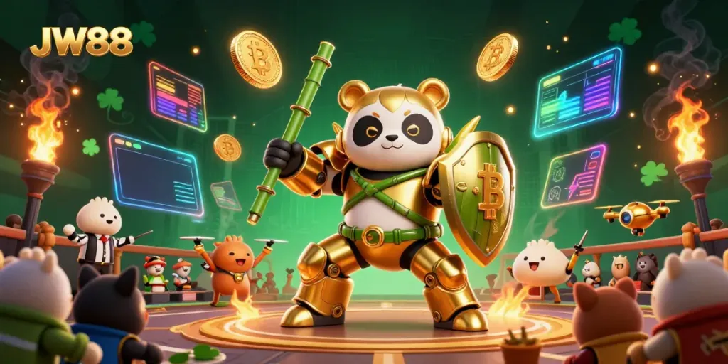 Experience the excitement of JW88 with a golden panda in a mech-suit showcasing dynamic gambling elements.