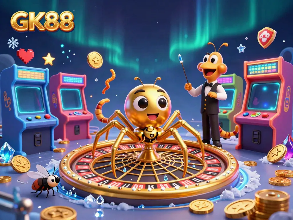 GK88-themed casino scene with a golden spider and a centipede croupier in a vibrant, detailed illustration.