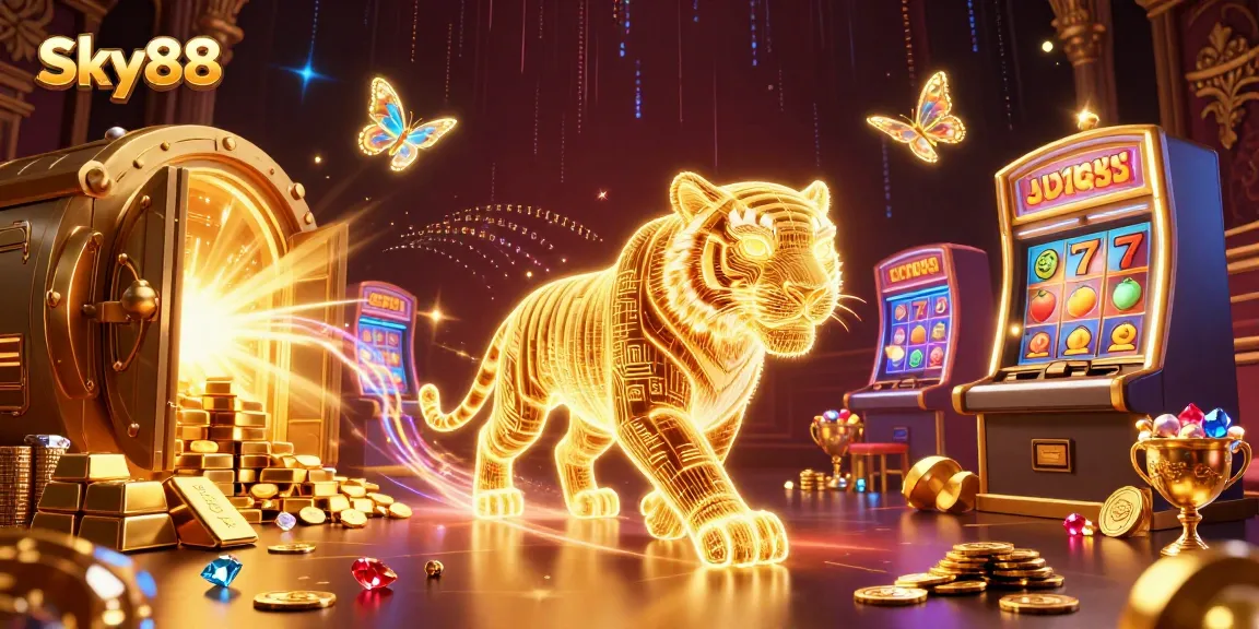 Experience thrilling gaming at Sky88 with vibrant 3D illustrations of slots and jackpots.