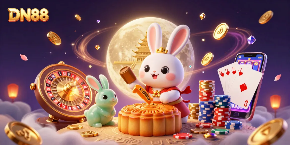 Spin the reels of the DN88 casino, where moon rabbits create luck with golden coins and poker chips.