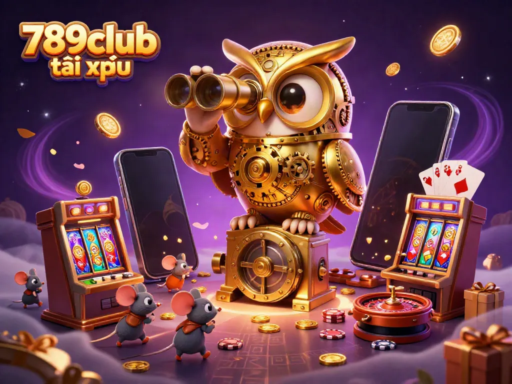 Experience the thrill of 789club tài xỉu amidst a dynamic casino scene featuring charming characters and vibrant game elements.