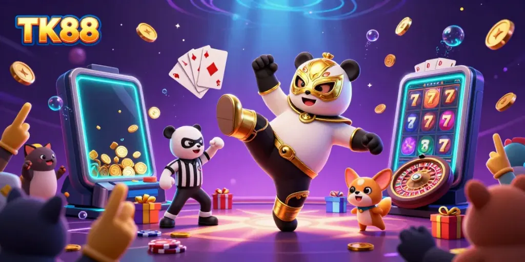 Engaging TK88 illustration featuring a panda wrestler and chihuahua referee amidst casino-themed elements.