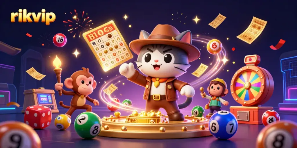 Discover thrilling winnings at rikvip with vibrant games bursting through confetti and colorful lottery balls.