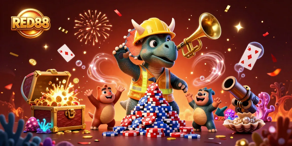 Experience the thrill of RED88 as the triceratops builds poker chips in a colorful casino celebration.