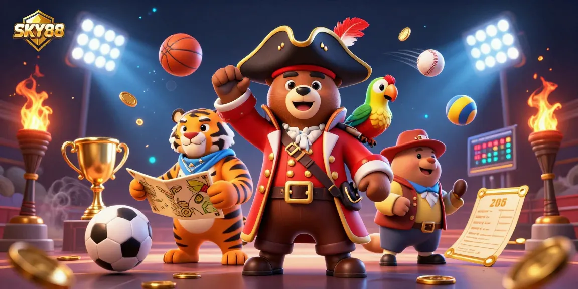 Experience thrilling sports betting with SKY88 in a vibrant 3D pirate-themed scene.