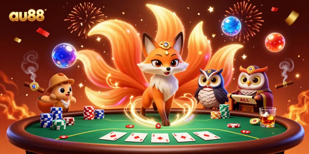 Experience the vibrant fantasy of au88 with a dazzling nine-tailed fox and poker elements in an enchanting casino scene.