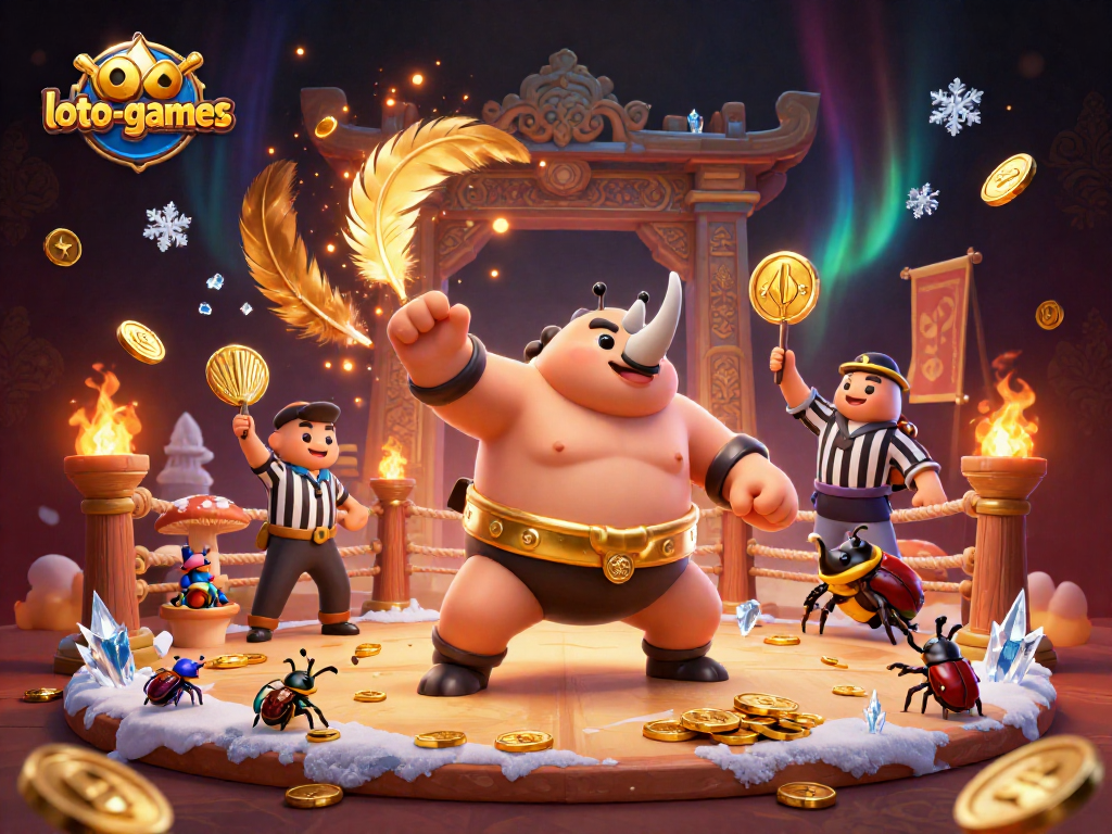 Loto-games showcases a sumo champion beetle amidst a vibrant casino scene filled with gold coins and dramatic effects.