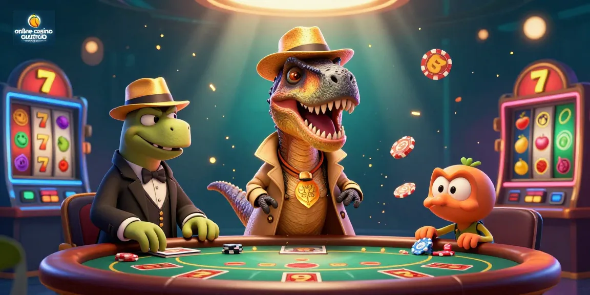 Experience the thrill of online casino Australia with a playful velociraptor at the blackjack table, surrounded by dynamic gaming elements.