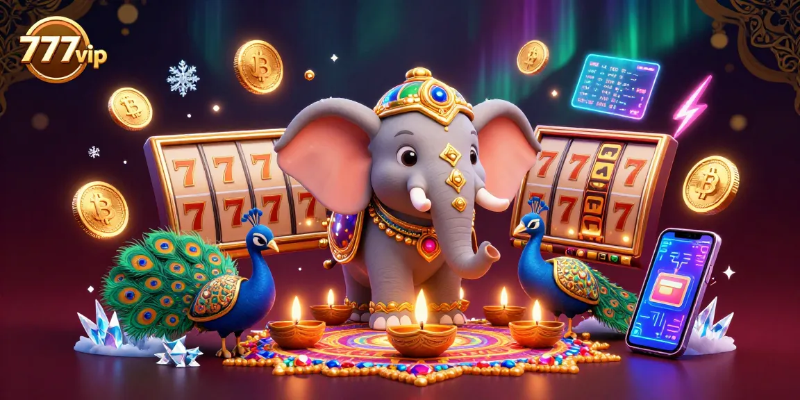 Join the thrilling 777vip gaming experience with colorful illustrations of casino elements and crypto visuals.
