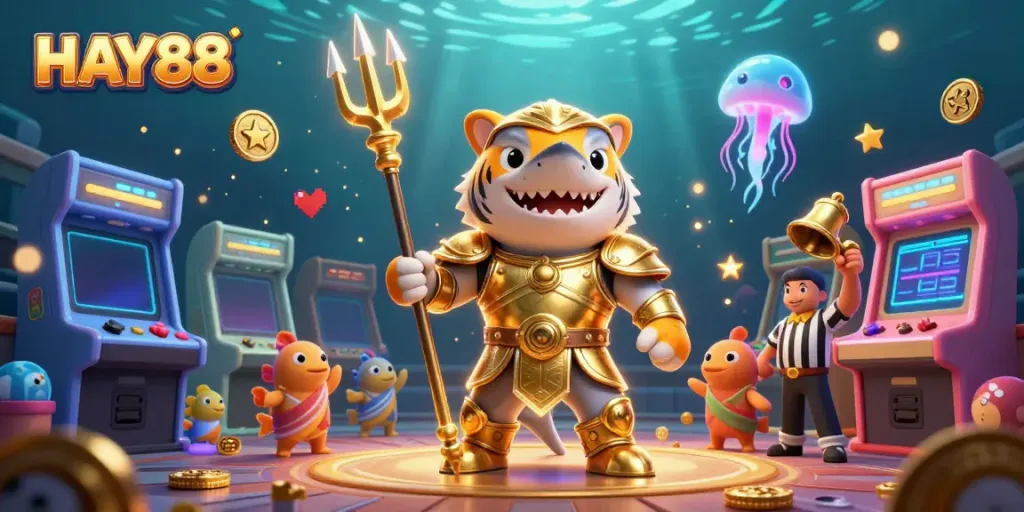 Engage with HAY88 through a vibrant underwater casino scene featuring dynamic gaming elements.