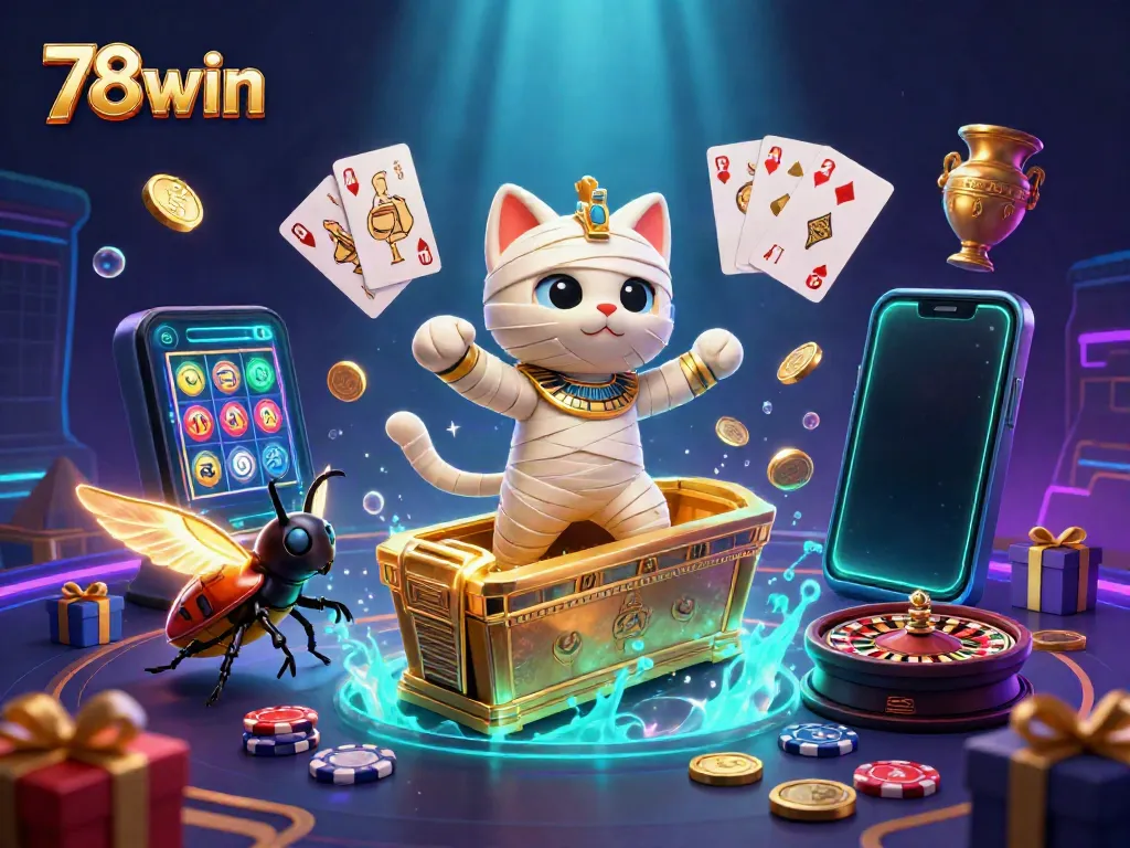 Experience the thrill of 78win with a 3D Egyptian mummy cat and vibrant casino elements.