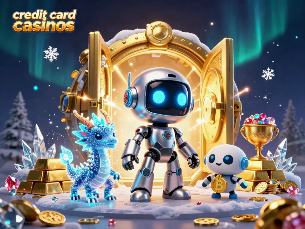 Experience the excitement of credit card casinos with vibrant characters and dazzling treasures in a neon-lit scene.