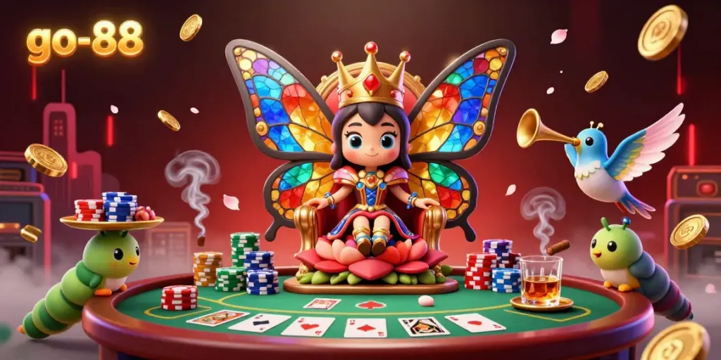 Experience the thrill of go-88 with vibrant poker action featuring a butterfly queen and colorful chips.