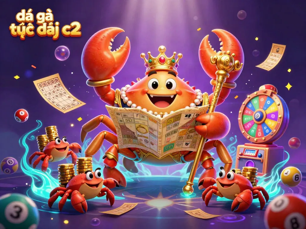 Experience action-packed đá gà trực tiếp c2 with our dynamic 3D illustration of a golden crab emperor and lottery elements.