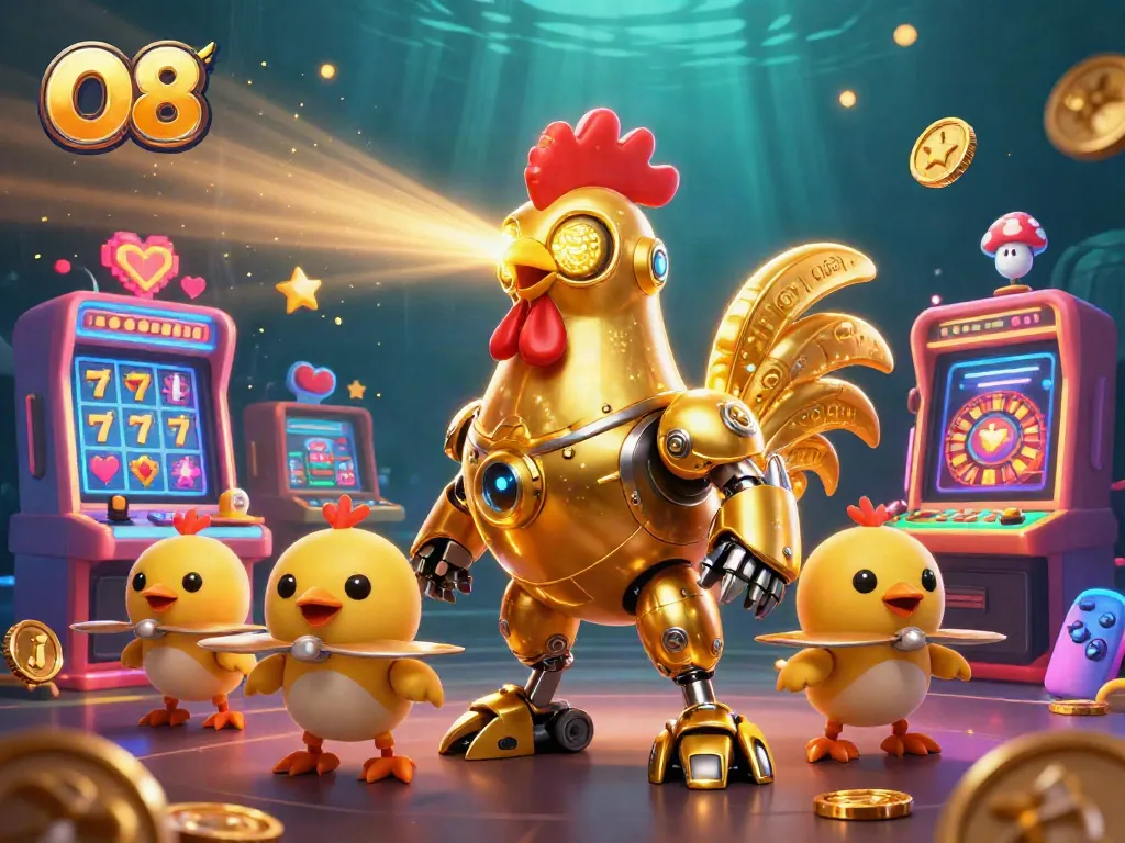 Experience thrilling gaming at O8 with vibrant slot machines, a golden rooster robot, and dynamic casino action.