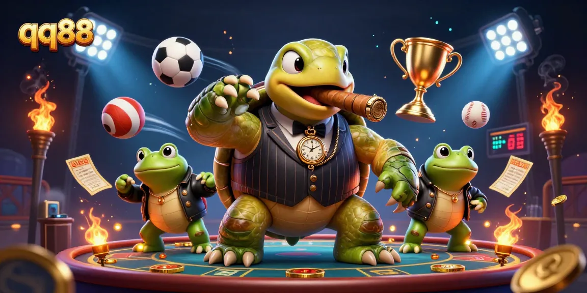 Bet on qq88 with cartoon characters in a lively casino scene full of sports elements and excitement.