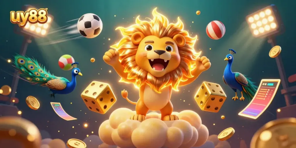 Experience the excitement of uy88's casino with a vibrant and dynamic illustration showcasing gaming elements.