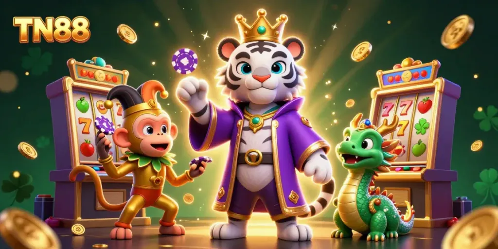 Engage with TN88's thrilling casino atmosphere featuring a regal tiger, jester monkey, and vibrant slot machines.