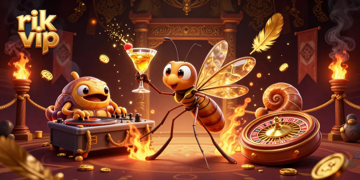 Capture thrilling moments at rik vip as a mosquito mascot holds a golden cocktail and a trilobite DJ spins.