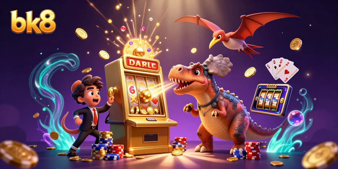 bk8 casino features a pachycephalosaurus celebrating jackpot wins amid flying coins and lively characters.