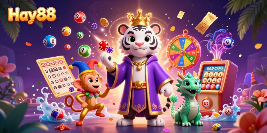 Engage with Hay88's exciting gaming world in a vibrant casino illustration featuring a white tiger and golden monkey.