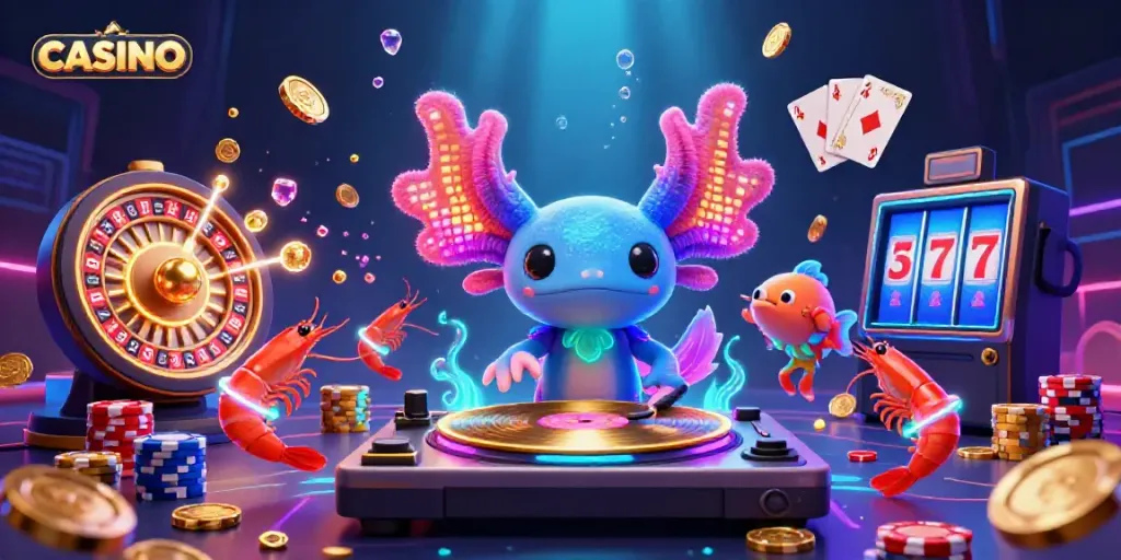 Experience the thrill of a CASINO with a neon axolotl DJ surrounded by underwater gaming elements.