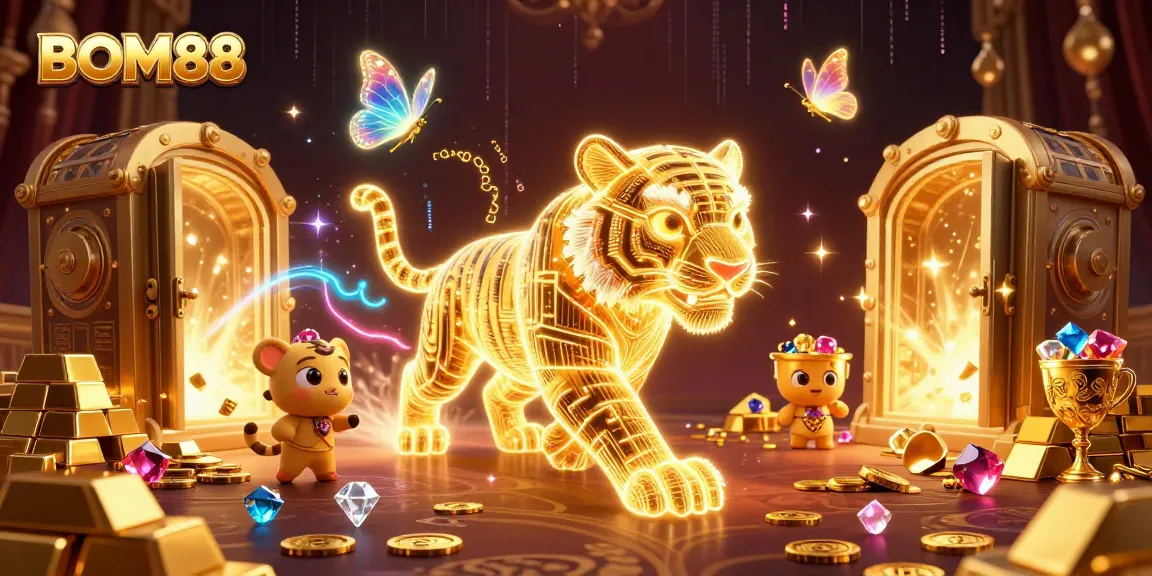 BOM88 showcases an electrifying gaming scene with a neon golden tiger amidst treasures, enhancing player excitement.