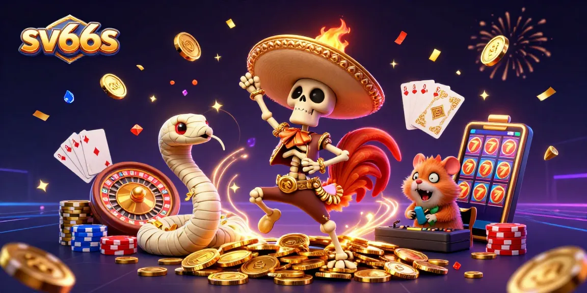 Experience thrilling wins with sv66s in a vibrant casino scene full of 3D characters and gold coins.