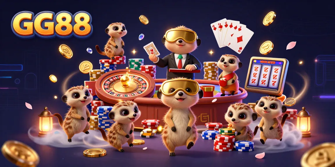 Engage in thrilling gameplay at GG88 with a lively meerkat casino scene filled with vibrant game elements and excitement.