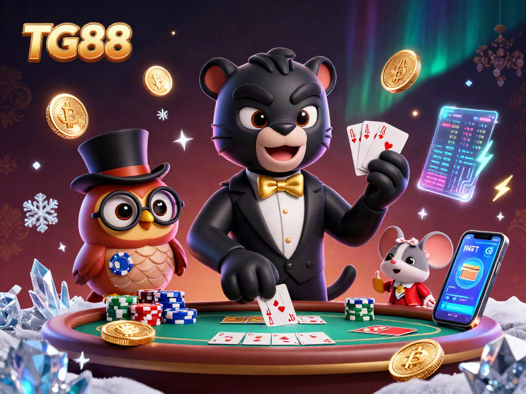 Join TG88's exciting poker scene with a tuxedoed panther, poker owl, and lucky mouse!